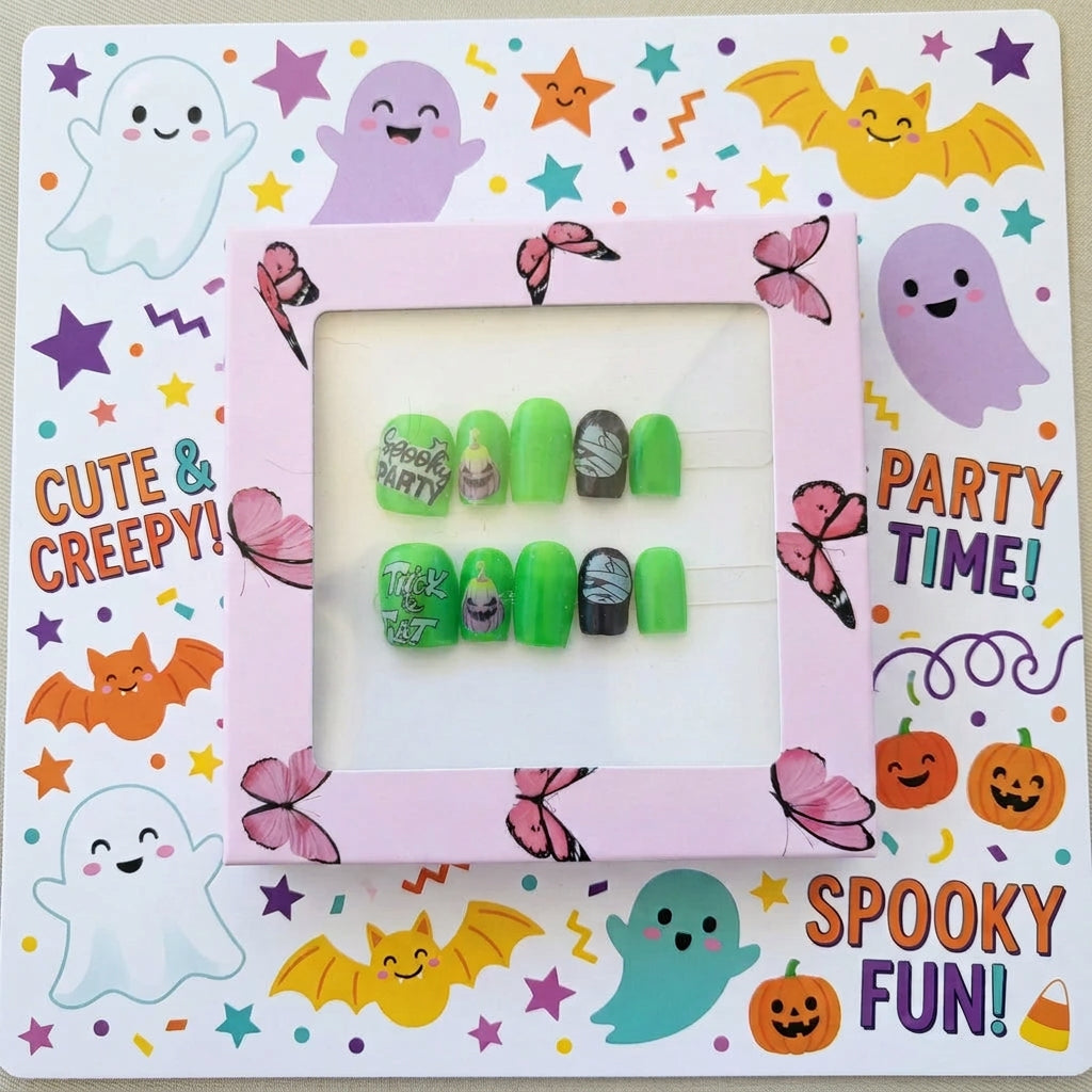 A set of 12 green Halloween-themed press-on nails displayed in a pink butterfly-patterned box.