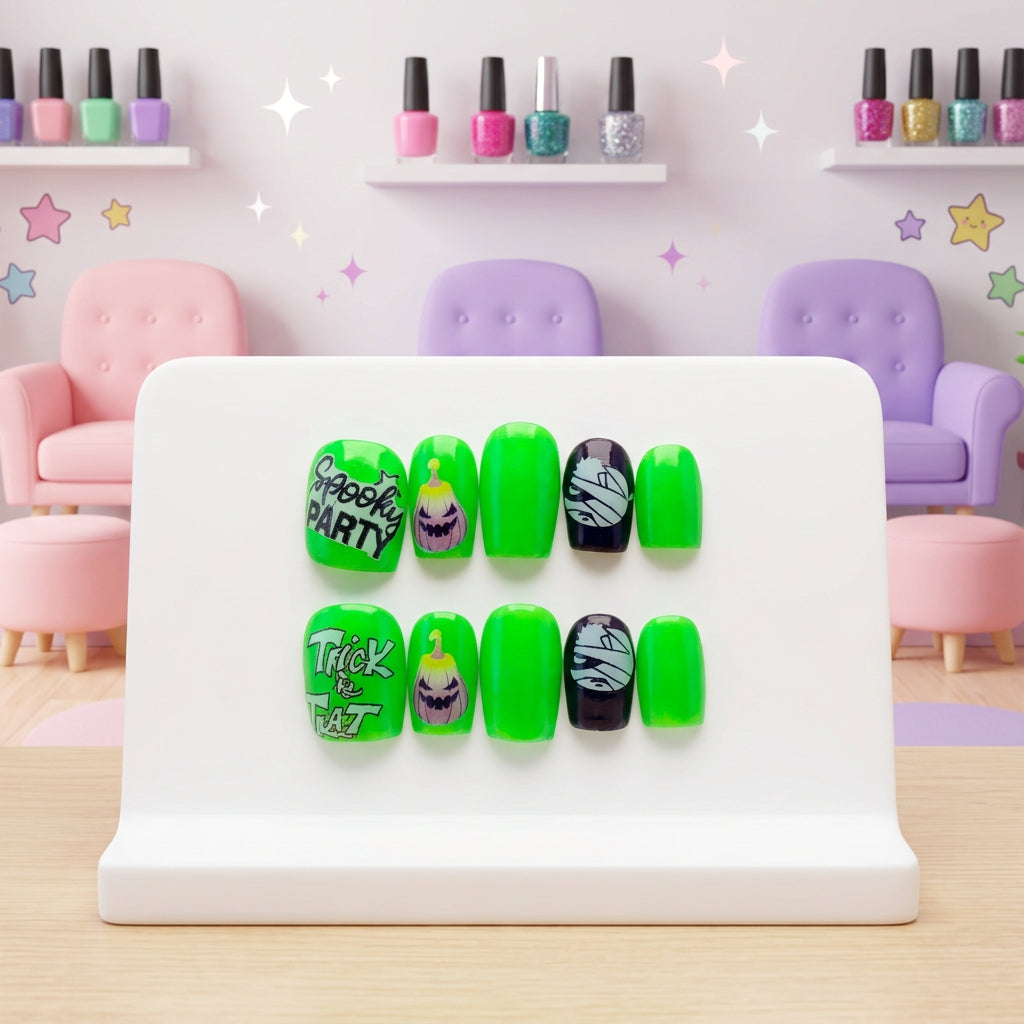 A set of ten press-on nails displayed in a pink butterfly-patterned box. The nails feature bright lime green, neon green, and black-and-white Halloween designs, including 'Spooky Party' and 'Trick or Treat' graphics.
