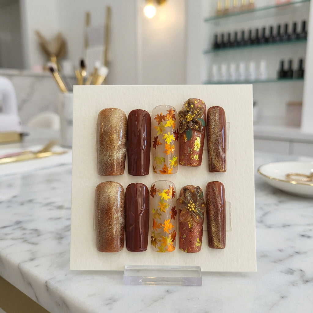 A set of 10 press-on nails displayed on a card, featuring autumn and fall-themed designs. The nails include metallic gold, deep brown, and clear designs with orange and yellow maple leaves and gold foil.