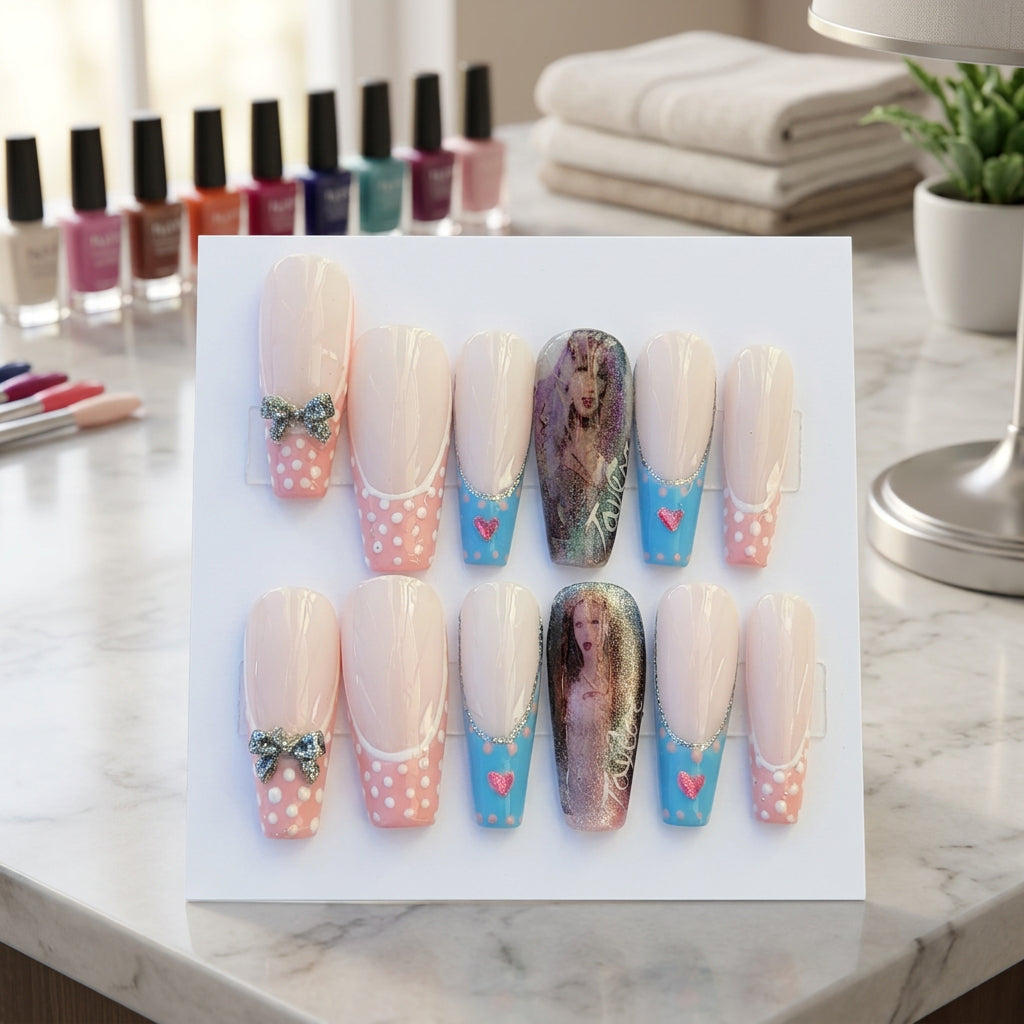 A 10-piece set of El Coqui Nails press-on false nails displayed on a white backing card. The nails feature a glossy pale pink base with a French tip transitioning to pink with white polka dots, decorated with either a small green rhinestone bow or a small pink heart with a blue glittery French tip.