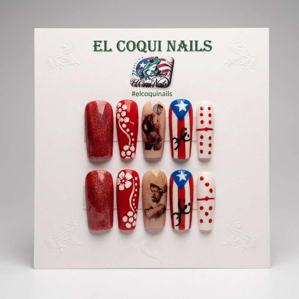 A set of 10 custom press-on nails displayed on a white backing card. The nails feature a patriotic red, white, and blue theme with floral designs, a vintage pin-up girl graphic, and American flag patterns.