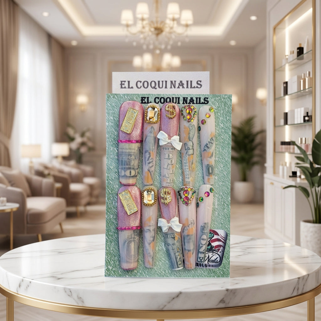 A set of decorative press-on nails displayed on a branded backing card. The nails feature pink glitter, dollar bill print, metallic gold foil, white bows, and colorful rhinestone accents.