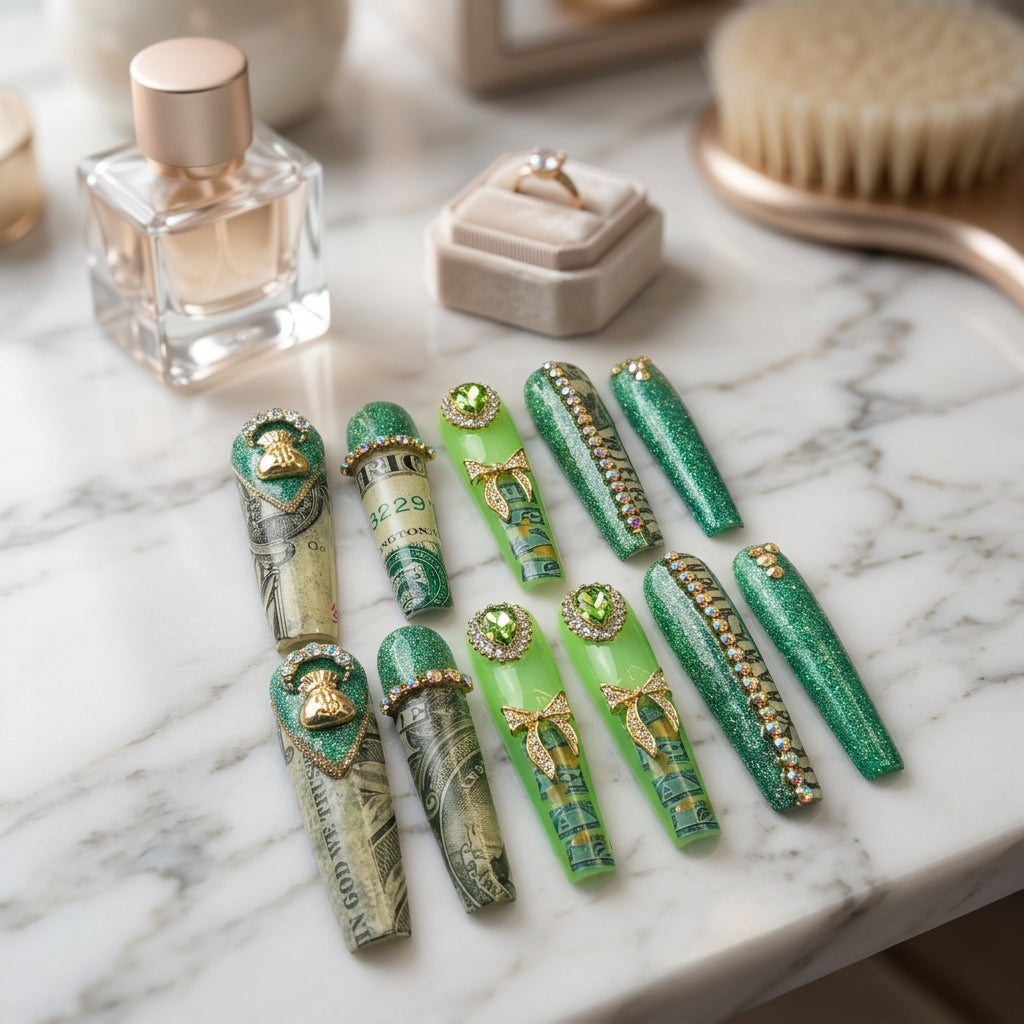 A set of 12 green-themed press-on nails displayed on a pink card labeled 'EL COQUINAILS' with decorative stickers and branding in the corners.