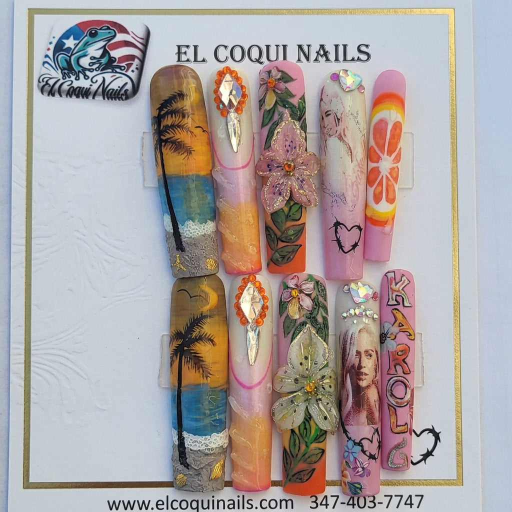 A set of 10 custom nail art designs displayed on a green textured backing card, featuring various colorful tropical, floral, and portrait illustrations. The brand 'El Coqui Nails' is clearly visible on the packaging.