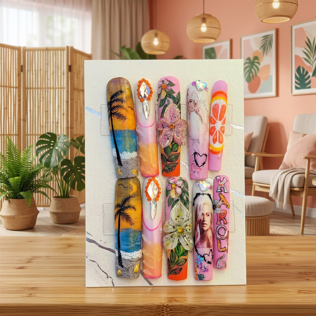 A set of 10 custom nail art designs displayed on a green textured backing card, featuring various colorful tropical, floral, and portrait illustrations. The brand 'El Coqui Nails' is clearly visible on the packaging.