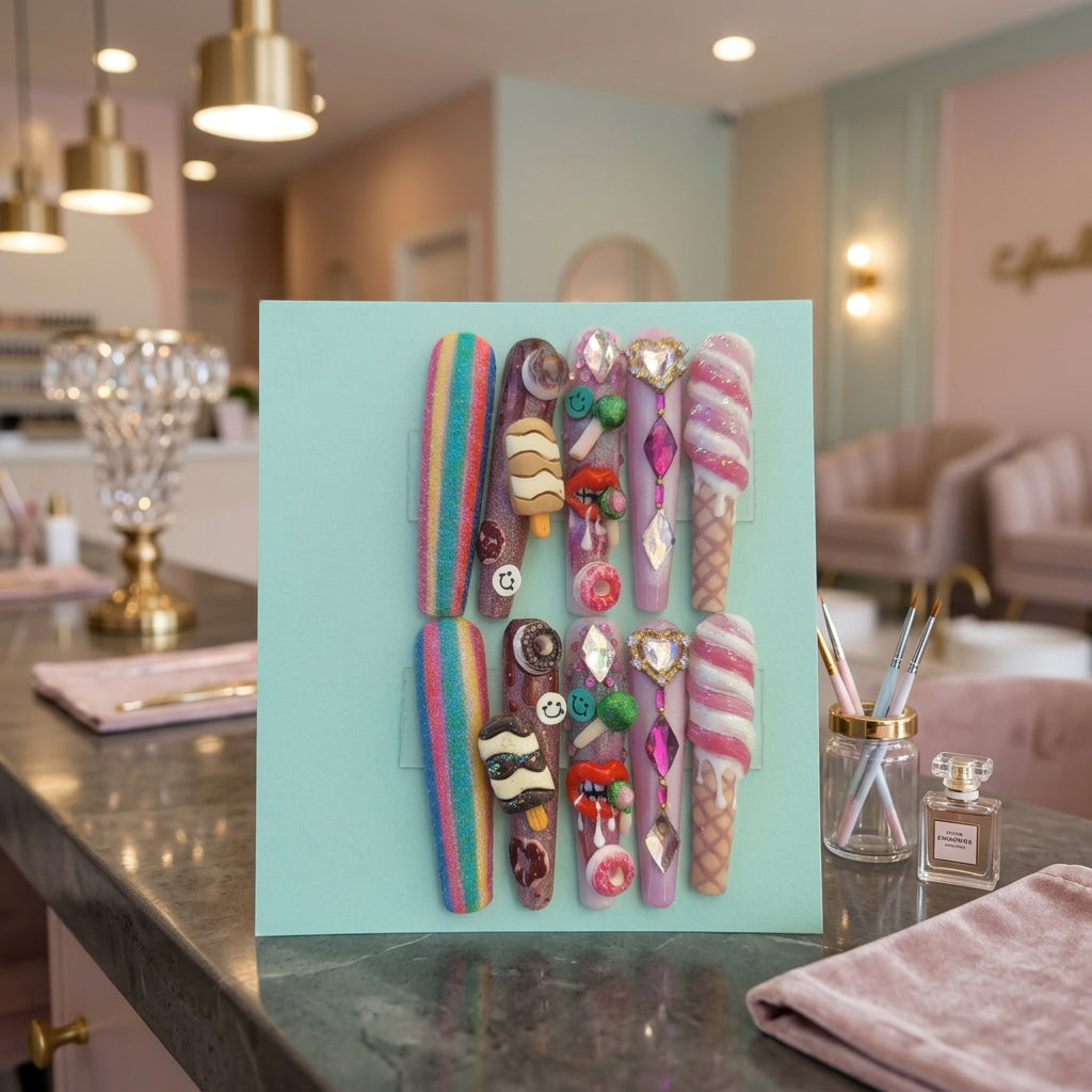 A set of handmade, highly decorated press-on nails displayed on a green backing card. The nails feature various whimsical designs including rainbow stripes, chocolate brownies, ice cream cones, donuts, and candy accents.
